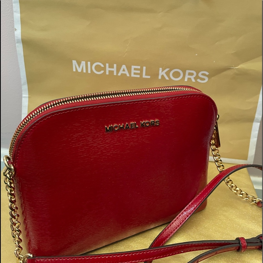 Michael Kors Cindy Large Dome Pattern Leather Red Crossbody